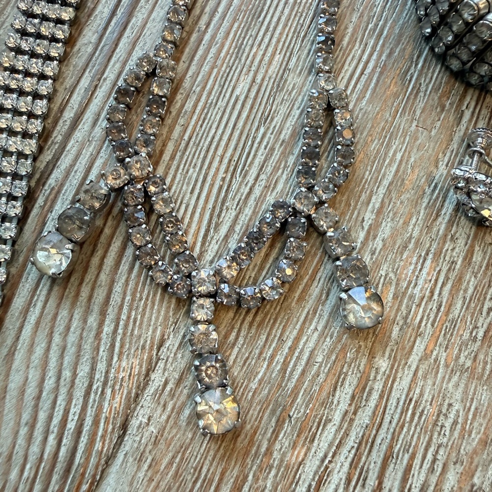 Vintage Rhinestone Jewelry Bundle Necklace, Choker, Expanding Bracelet, Earrings - Picture 4 of 15